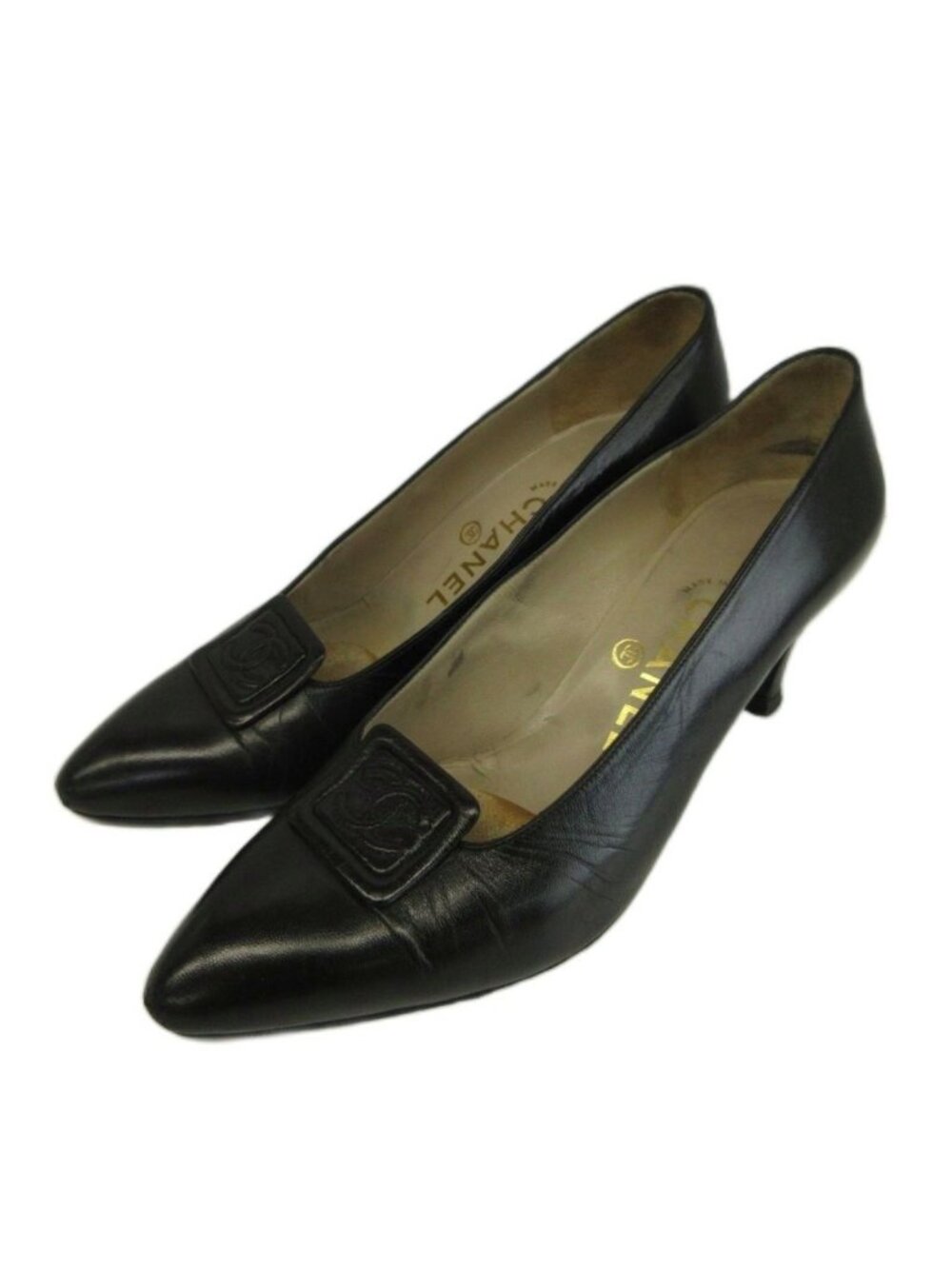 Chanel Vintage Pumps Leather Pointed Toe Middle Heels CC Logo Black
